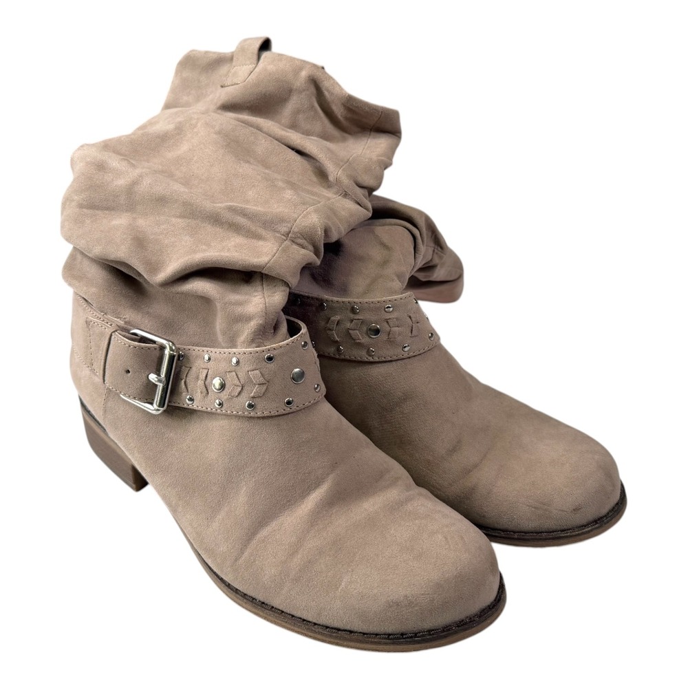 Unlisted 10 Taupe Slouchy Mid-Calf Boots Studded Buckle Strap Western Boho Boot